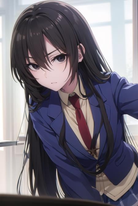 kirukiruamou, <lora:kirukiru amou s1-lora-nochekaiser:1>,kirukiru amou, long hair, black hair, very long hair, (black eyes:1.3), hair between eyes,BREAK skirt, school uniform, jacket, necktie, blue skirt, blazer, red necktie,BREAK indoors, classroom,BREAK looking at viewer, (cowboy shot:1.5),BREAK <lyco:GoodHands-beta2:1>, (masterpiece:1.2), best quality, high resolution, unity 8k wallpaper, (illustration:0.8), (beautiful detailed eyes:1.6), extremely detailed face, perfect lighting, extremely detailed CG, (perfect hands, perfect anatomy),