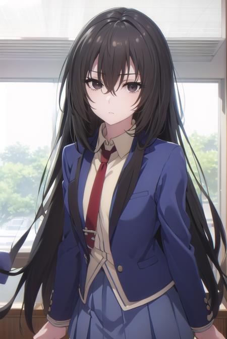 kirukiruamou, <lora:kirukiru amou s1-lora-nochekaiser:1>,kirukiru amou, long hair, black hair, very long hair, (black eyes:1.3), hair between eyes,BREAK skirt, school uniform, jacket, necktie, blue skirt, blazer, red necktie,BREAK indoors, classroom,BREAK looking at viewer, (cowboy shot:1.5),BREAK <lyco:GoodHands-beta2:1>, (masterpiece:1.2), best quality, high resolution, unity 8k wallpaper, (illustration:0.8), (beautiful detailed eyes:1.6), extremely detailed face, perfect lighting, extremely detailed CG, (perfect hands, perfect anatomy),