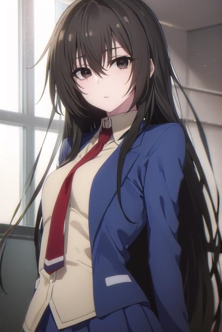 kirukiruamou, <lora:kirukiru amou s1-lora-nochekaiser:1>,kirukiru amou, long hair, black hair, very long hair, (black eyes:1.3), hair between eyes,BREAK skirt, school uniform, jacket, necktie, blue skirt, blazer, red necktie,BREAK indoors, classroom,BREAK looking at viewer, (cowboy shot:1.5),BREAK <lyco:GoodHands-beta2:1>, (masterpiece:1.2), best quality, high resolution, unity 8k wallpaper, (illustration:0.8), (beautiful detailed eyes:1.6), extremely detailed face, perfect lighting, extremely detailed CG, (perfect hands, perfect anatomy),