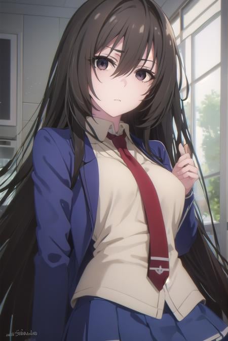 kirukiruamou, <lora:kirukiru amou s1-lora-nochekaiser:1>,kirukiru amou, long hair, black hair, very long hair, (black eyes:1.3), hair between eyes,BREAK skirt, school uniform, jacket, necktie, blue skirt, blazer, red necktie,BREAK indoors, classroom,BREAK looking at viewer, (cowboy shot:1.5),BREAK <lyco:GoodHands-beta2:1>, (masterpiece:1.2), best quality, high resolution, unity 8k wallpaper, (illustration:0.8), (beautiful detailed eyes:1.6), extremely detailed face, perfect lighting, extremely detailed CG, (perfect hands, perfect anatomy),