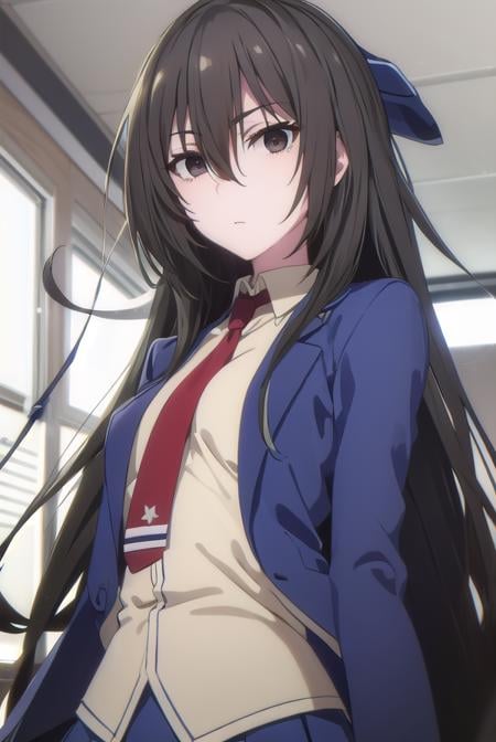 kirukiruamou, <lora:kirukiru amou s1-lora-nochekaiser:1>,kirukiru amou, long hair, black hair, very long hair, (black eyes:1.3), hair between eyes,BREAK skirt, school uniform, jacket, necktie, blue skirt, blazer, red necktie,BREAK indoors, classroom,BREAK looking at viewer, (cowboy shot:1.5),BREAK <lyco:GoodHands-beta2:1>, (masterpiece:1.2), best quality, high resolution, unity 8k wallpaper, (illustration:0.8), (beautiful detailed eyes:1.6), extremely detailed face, perfect lighting, extremely detailed CG, (perfect hands, perfect anatomy),