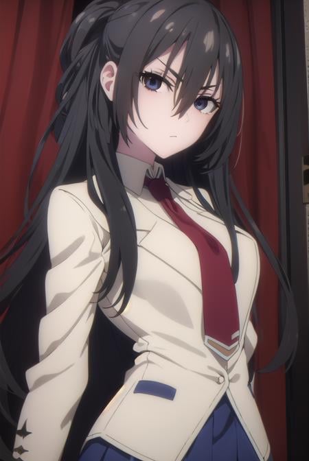 kirukiruamou, <lora:kirukiru amou s1-lora-nochekaiser:1>,kirukiru amou, long hair, black hair, very long hair, (black eyes:1.3), hair between eyes,BREAK skirt, school uniform, jacket, necktie, blue skirt, blazer, red necktie,BREAK indoors, classroom,BREAK looking at viewer, (cowboy shot:1.5),BREAK <lyco:GoodHands-beta2:1>, (masterpiece:1.2), best quality, high resolution, unity 8k wallpaper, (illustration:0.8), (beautiful detailed eyes:1.6), extremely detailed face, perfect lighting, extremely detailed CG, (perfect hands, perfect anatomy),