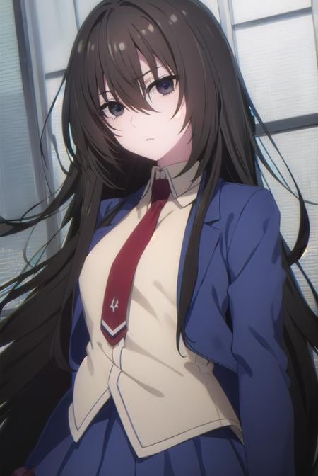 kirukiruamou, <lora:kirukiru amou s1-lora-nochekaiser:1>,kirukiru amou, long hair, black hair, very long hair, (black eyes:1.3), hair between eyes,BREAK skirt, school uniform, jacket, necktie, blue skirt, blazer, red necktie,BREAK indoors, classroom,BREAK looking at viewer, (cowboy shot:1.5),BREAK <lyco:GoodHands-beta2:1>, (masterpiece:1.2), best quality, high resolution, unity 8k wallpaper, (illustration:0.8), (beautiful detailed eyes:1.6), extremely detailed face, perfect lighting, extremely detailed CG, (perfect hands, perfect anatomy),