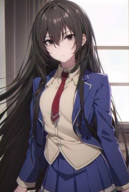 kirukiruamou, <lora:kirukiru amou s1-lora-nochekaiser:1>,kirukiru amou, long hair, black hair, very long hair, (black eyes:1.3), hair between eyes,BREAK skirt, school uniform, jacket, necktie, blue skirt, blazer, red necktie,BREAK indoors, classroom,BREAK looking at viewer, (cowboy shot:1.5),BREAK <lyco:GoodHands-beta2:1>, (masterpiece:1.2), best quality, high resolution, unity 8k wallpaper, (illustration:0.8), (beautiful detailed eyes:1.6), extremely detailed face, perfect lighting, extremely detailed CG, (perfect hands, perfect anatomy),