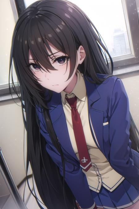 kirukiruamou, <lora:kirukiru amou s1-lora-nochekaiser:1>,kirukiru amou, long hair, black hair, very long hair, (black eyes:1.3), hair between eyes,BREAK skirt, school uniform, jacket, necktie, blue skirt, blazer, red necktie,BREAK indoors, classroom,BREAK looking at viewer, (cowboy shot:1.5),BREAK <lyco:GoodHands-beta2:1>, (masterpiece:1.2), best quality, high resolution, unity 8k wallpaper, (illustration:0.8), (beautiful detailed eyes:1.6), extremely detailed face, perfect lighting, extremely detailed CG, (perfect hands, perfect anatomy),