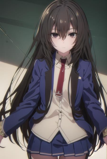 kirukiruamou, <lora:kirukiru amou s1-lora-nochekaiser:1>,kirukiru amou, long hair, black hair, very long hair, (black eyes:1.3), hair between eyes,BREAK skirt, school uniform, jacket, necktie, blue skirt, blazer, red necktie,BREAK indoors, classroom,BREAK looking at viewer, (cowboy shot:1.5),BREAK <lyco:GoodHands-beta2:1>, (masterpiece:1.2), best quality, high resolution, unity 8k wallpaper, (illustration:0.8), (beautiful detailed eyes:1.6), extremely detailed face, perfect lighting, extremely detailed CG, (perfect hands, perfect anatomy),