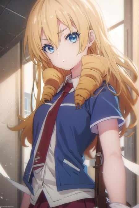 marykikakujou, <lora:mary kikakujou s1-lora-nochekaiser:1>,mary kikakujou, long hair, blue eyes, blonde hair, hair between eyes, drill hair,BREAK shirt, school uniform, white shirt, short sleeves, necktie, collared shirt, red necktie, blue skirt,BREAK indoors, classroom,BREAK looking at viewer, (cowboy shot:1.5),BREAK <lyco:GoodHands-beta2:1>, (masterpiece:1.2), best quality, high resolution, unity 8k wallpaper, (illustration:0.8), (beautiful detailed eyes:1.6), extremely detailed face, perfect lighting, extremely detailed CG, (perfect hands, perfect anatomy),