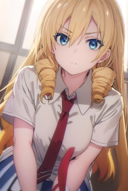 marykikakujou, <lora:mary kikakujou s1-lora-nochekaiser:1>,mary kikakujou, long hair, blue eyes, blonde hair, hair between eyes, drill hair,BREAK shirt, school uniform, white shirt, short sleeves, necktie, collared shirt, red necktie, blue skirt,BREAK indoors, classroom,BREAK looking at viewer, (cowboy shot:1.5),BREAK <lyco:GoodHands-beta2:1>, (masterpiece:1.2), best quality, high resolution, unity 8k wallpaper, (illustration:0.8), (beautiful detailed eyes:1.6), extremely detailed face, perfect lighting, extremely detailed CG, (perfect hands, perfect anatomy),