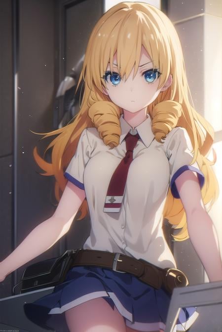 marykikakujou, <lora:mary kikakujou s1-lora-nochekaiser:1>,mary kikakujou, long hair, blue eyes, blonde hair, hair between eyes, drill hair,BREAK shirt, school uniform, white shirt, short sleeves, necktie, collared shirt, red necktie, blue skirt,BREAK indoors, classroom,BREAK looking at viewer, (cowboy shot:1.5),BREAK <lyco:GoodHands-beta2:1>, (masterpiece:1.2), best quality, high resolution, unity 8k wallpaper, (illustration:0.8), (beautiful detailed eyes:1.6), extremely detailed face, perfect lighting, extremely detailed CG, (perfect hands, perfect anatomy),