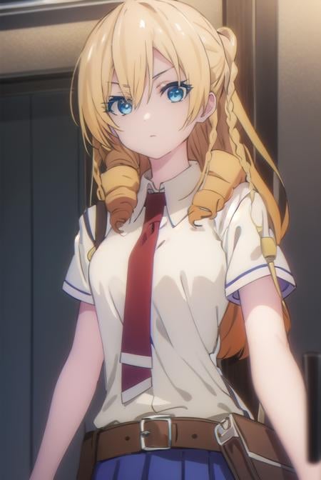 marykikakujou, <lora:mary kikakujou s1-lora-nochekaiser:1>,mary kikakujou, long hair, blue eyes, blonde hair, hair between eyes, drill hair,BREAK shirt, school uniform, white shirt, short sleeves, necktie, collared shirt, red necktie, blue skirt,BREAK indoors, classroom,BREAK looking at viewer, (cowboy shot:1.5),BREAK <lyco:GoodHands-beta2:1>, (masterpiece:1.2), best quality, high resolution, unity 8k wallpaper, (illustration:0.8), (beautiful detailed eyes:1.6), extremely detailed face, perfect lighting, extremely detailed CG, (perfect hands, perfect anatomy),