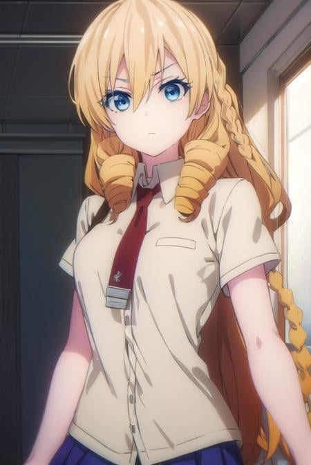 marykikakujou, <lora:mary kikakujou s1-lora-nochekaiser:1>,mary kikakujou, long hair, blue eyes, blonde hair, hair between eyes, drill hair,BREAK shirt, school uniform, white shirt, short sleeves, necktie, collared shirt, red necktie, blue skirt,BREAK indoors, classroom,BREAK looking at viewer, (cowboy shot:1.5),BREAK <lyco:GoodHands-beta2:1>, (masterpiece:1.2), best quality, high resolution, unity 8k wallpaper, (illustration:0.8), (beautiful detailed eyes:1.6), extremely detailed face, perfect lighting, extremely detailed CG, (perfect hands, perfect anatomy),