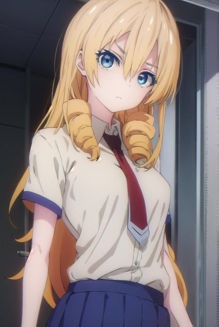 marykikakujou, <lora:mary kikakujou s1-lora-nochekaiser:1>,mary kikakujou, long hair, blue eyes, blonde hair, hair between eyes, drill hair,BREAK shirt, school uniform, white shirt, short sleeves, necktie, collared shirt, red necktie, blue skirt,BREAK indoors, classroom,BREAK looking at viewer, (cowboy shot:1.5),BREAK <lyco:GoodHands-beta2:1>, (masterpiece:1.2), best quality, high resolution, unity 8k wallpaper, (illustration:0.8), (beautiful detailed eyes:1.6), extremely detailed face, perfect lighting, extremely detailed CG, (perfect hands, perfect anatomy),