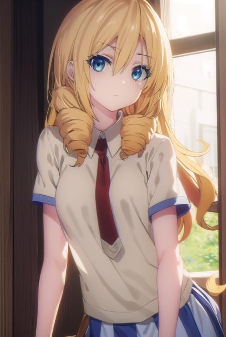 marykikakujou, <lora:mary kikakujou s1-lora-nochekaiser:1>,mary kikakujou, long hair, blue eyes, blonde hair, hair between eyes, drill hair,BREAK shirt, school uniform, white shirt, short sleeves, necktie, collared shirt, red necktie, blue skirt,BREAK indoors, classroom,BREAK looking at viewer, (cowboy shot:1.5),BREAK <lyco:GoodHands-beta2:1>, (masterpiece:1.2), best quality, high resolution, unity 8k wallpaper, (illustration:0.8), (beautiful detailed eyes:1.6), extremely detailed face, perfect lighting, extremely detailed CG, (perfect hands, perfect anatomy),