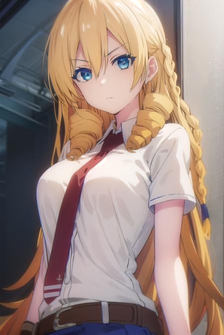 marykikakujou, <lora:mary kikakujou s1-lora-nochekaiser:1>,mary kikakujou, long hair, blue eyes, blonde hair, hair between eyes, drill hair,BREAK shirt, school uniform, white shirt, short sleeves, necktie, collared shirt, red necktie, blue skirt,BREAK indoors, classroom,BREAK looking at viewer, (cowboy shot:1.5),BREAK <lyco:GoodHands-beta2:1>, (masterpiece:1.2), best quality, high resolution, unity 8k wallpaper, (illustration:0.8), (beautiful detailed eyes:1.6), extremely detailed face, perfect lighting, extremely detailed CG, (perfect hands, perfect anatomy),