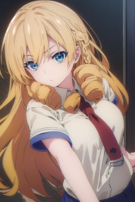 marykikakujou, <lora:mary kikakujou s1-lora-nochekaiser:1>,mary kikakujou, long hair, blue eyes, blonde hair, hair between eyes, drill hair,BREAK shirt, school uniform, white shirt, short sleeves, necktie, collared shirt, red necktie, blue skirt,BREAK indoors, classroom,BREAK looking at viewer, (cowboy shot:1.5),BREAK <lyco:GoodHands-beta2:1>, (masterpiece:1.2), best quality, high resolution, unity 8k wallpaper, (illustration:0.8), (beautiful detailed eyes:1.6), extremely detailed face, perfect lighting, extremely detailed CG, (perfect hands, perfect anatomy),