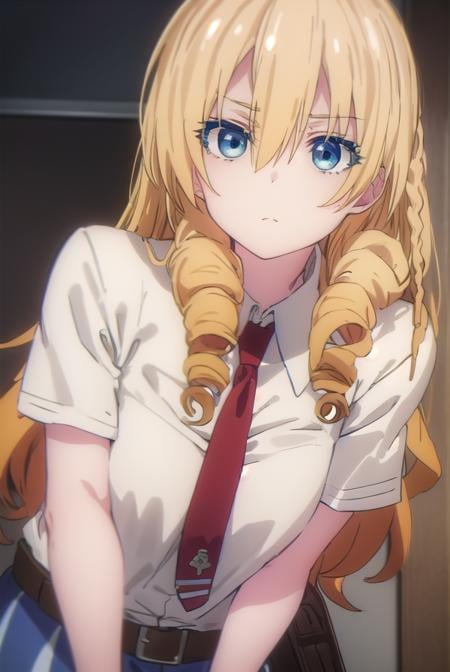 marykikakujou, <lora:mary kikakujou s1-lora-nochekaiser:1>,mary kikakujou, long hair, blue eyes, blonde hair, hair between eyes, drill hair,BREAK shirt, school uniform, white shirt, short sleeves, necktie, collared shirt, red necktie, blue skirt,BREAK indoors, classroom,BREAK looking at viewer, (cowboy shot:1.5),BREAK <lyco:GoodHands-beta2:1>, (masterpiece:1.2), best quality, high resolution, unity 8k wallpaper, (illustration:0.8), (beautiful detailed eyes:1.6), extremely detailed face, perfect lighting, extremely detailed CG, (perfect hands, perfect anatomy),