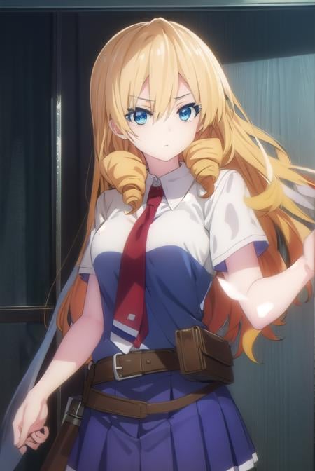 marykikakujou, <lora:mary kikakujou s1-lora-nochekaiser:1>,mary kikakujou, long hair, blue eyes, blonde hair, hair between eyes, drill hair,BREAK shirt, school uniform, white shirt, short sleeves, necktie, collared shirt, red necktie, blue skirt,BREAK indoors, classroom,BREAK looking at viewer, (cowboy shot:1.5),BREAK <lyco:GoodHands-beta2:1>, (masterpiece:1.2), best quality, high resolution, unity 8k wallpaper, (illustration:0.8), (beautiful detailed eyes:1.6), extremely detailed face, perfect lighting, extremely detailed CG, (perfect hands, perfect anatomy),