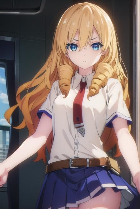 marykikakujou, <lora:mary kikakujou s1-lora-nochekaiser:1>,mary kikakujou, long hair, blue eyes, blonde hair, hair between eyes, drill hair,BREAK shirt, school uniform, white shirt, short sleeves, necktie, collared shirt, red necktie, blue skirt,BREAK indoors, classroom,BREAK looking at viewer, (cowboy shot:1.5),BREAK <lyco:GoodHands-beta2:1>, (masterpiece:1.2), best quality, high resolution, unity 8k wallpaper, (illustration:0.8), (beautiful detailed eyes:1.6), extremely detailed face, perfect lighting, extremely detailed CG, (perfect hands, perfect anatomy),