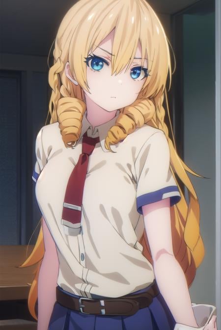 marykikakujou, <lora:mary kikakujou s1-lora-nochekaiser:1>,mary kikakujou, long hair, blue eyes, blonde hair, hair between eyes, drill hair,BREAK shirt, school uniform, white shirt, short sleeves, necktie, collared shirt, red necktie, blue skirt,BREAK indoors, classroom,BREAK looking at viewer, (cowboy shot:1.5),BREAK <lyco:GoodHands-beta2:1>, (masterpiece:1.2), best quality, high resolution, unity 8k wallpaper, (illustration:0.8), (beautiful detailed eyes:1.6), extremely detailed face, perfect lighting, extremely detailed CG, (perfect hands, perfect anatomy),