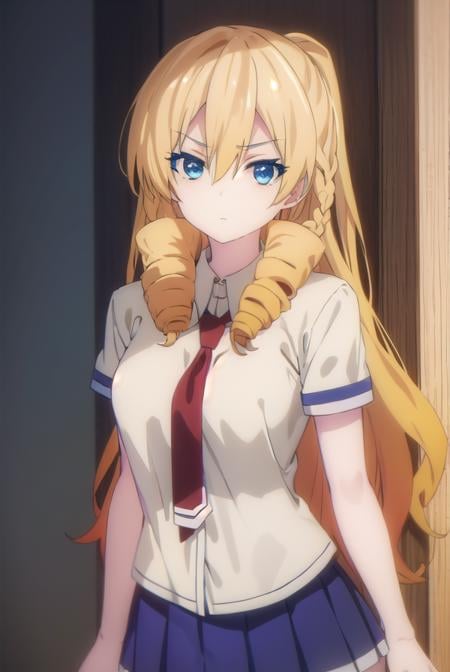 marykikakujou, <lora:mary kikakujou s1-lora-nochekaiser:1>,mary kikakujou, long hair, blue eyes, blonde hair, hair between eyes, drill hair,BREAK shirt, school uniform, white shirt, short sleeves, necktie, collared shirt, red necktie, blue skirt,BREAK indoors, classroom,BREAK looking at viewer, (cowboy shot:1.5),BREAK <lyco:GoodHands-beta2:1>, (masterpiece:1.2), best quality, high resolution, unity 8k wallpaper, (illustration:0.8), (beautiful detailed eyes:1.6), extremely detailed face, perfect lighting, extremely detailed CG, (perfect hands, perfect anatomy),