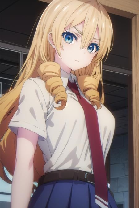 marykikakujou, <lora:mary kikakujou s1-lora-nochekaiser:1>,mary kikakujou, long hair, blue eyes, blonde hair, hair between eyes, drill hair,BREAK shirt, school uniform, white shirt, short sleeves, necktie, collared shirt, red necktie, blue skirt,BREAK indoors, classroom,BREAK looking at viewer, (cowboy shot:1.5),BREAK <lyco:GoodHands-beta2:1>, (masterpiece:1.2), best quality, high resolution, unity 8k wallpaper, (illustration:0.8), (beautiful detailed eyes:1.6), extremely detailed face, perfect lighting, extremely detailed CG, (perfect hands, perfect anatomy),