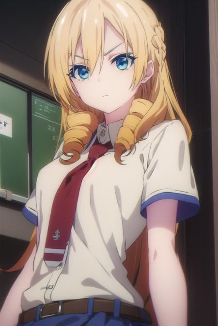 marykikakujou, <lora:mary kikakujou s1-lora-nochekaiser:1>,mary kikakujou, long hair, blue eyes, blonde hair, hair between eyes, drill hair,BREAK shirt, school uniform, white shirt, short sleeves, necktie, collared shirt, red necktie, blue skirt,BREAK indoors, classroom,BREAK looking at viewer, (cowboy shot:1.5),BREAK <lyco:GoodHands-beta2:1>, (masterpiece:1.2), best quality, high resolution, unity 8k wallpaper, (illustration:0.8), (beautiful detailed eyes:1.6), extremely detailed face, perfect lighting, extremely detailed CG, (perfect hands, perfect anatomy),