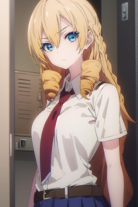 marykikakujou, <lora:mary kikakujou s1-lora-nochekaiser:1>,mary kikakujou, long hair, blue eyes, blonde hair, hair between eyes, drill hair,BREAK shirt, school uniform, white shirt, short sleeves, necktie, collared shirt, red necktie, blue skirt,BREAK indoors, classroom,BREAK looking at viewer, (cowboy shot:1.5),BREAK <lyco:GoodHands-beta2:1>, (masterpiece:1.2), best quality, high resolution, unity 8k wallpaper, (illustration:0.8), (beautiful detailed eyes:1.6), extremely detailed face, perfect lighting, extremely detailed CG, (perfect hands, perfect anatomy),