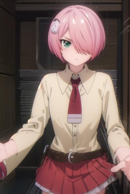 nonomozunono, <lora:nono mozunono s1-lora-nochekaiser:1>,nono mozunono, short hair, hair ornament, (green eyes:1.3), pink hair, (hair over one eye:1.5),BREAK skirt, shirt, school uniform, necktie, belt, red skirt,BREAK indoors, classroom,BREAK looking at viewer, (cowboy shot:1.5),BREAK <lyco:GoodHands-beta2:1>, (masterpiece:1.2), best quality, high resolution, unity 8k wallpaper, (illustration:0.8), (beautiful detailed eyes:1.6), extremely detailed face, perfect lighting, extremely detailed CG, (perfect hands, perfect anatomy),