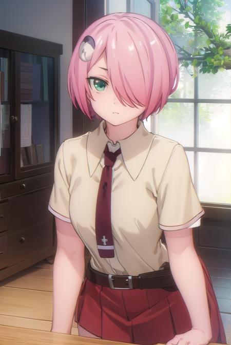 nonomozunono, <lora:nono mozunono s1-lora-nochekaiser:1>,nono mozunono, short hair, hair ornament, (green eyes:1.3), pink hair, (hair over one eye:1.5),BREAK skirt, shirt, school uniform, necktie, belt, red skirt,BREAK indoors, classroom,BREAK looking at viewer, (cowboy shot:1.5),BREAK <lyco:GoodHands-beta2:1>, (masterpiece:1.2), best quality, high resolution, unity 8k wallpaper, (illustration:0.8), (beautiful detailed eyes:1.6), extremely detailed face, perfect lighting, extremely detailed CG, (perfect hands, perfect anatomy),