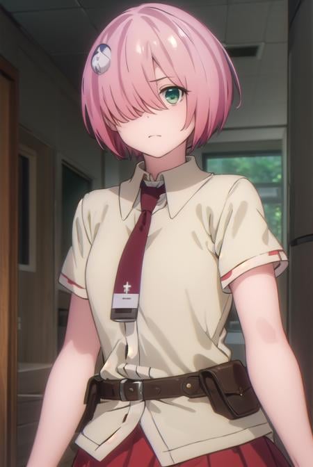 nonomozunono, <lora:nono mozunono s1-lora-nochekaiser:1>,nono mozunono, short hair, hair ornament, (green eyes:1.3), pink hair, (hair over one eye:1.5),BREAK skirt, shirt, school uniform, necktie, belt, red skirt,BREAK indoors, classroom,BREAK looking at viewer, (cowboy shot:1.5),BREAK <lyco:GoodHands-beta2:1>, (masterpiece:1.2), best quality, high resolution, unity 8k wallpaper, (illustration:0.8), (beautiful detailed eyes:1.6), extremely detailed face, perfect lighting, extremely detailed CG, (perfect hands, perfect anatomy),