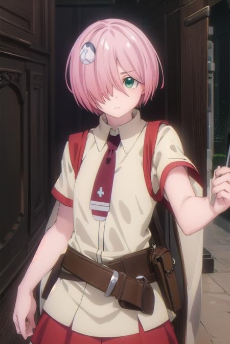 nonomozunono, <lora:nono mozunono s1-lora-nochekaiser:1>,nono mozunono, short hair, hair ornament, (green eyes:1.3), pink hair, (hair over one eye:1.5),BREAK skirt, shirt, school uniform, necktie, belt, red skirt,BREAK indoors, classroom,BREAK looking at viewer, (cowboy shot:1.5),BREAK <lyco:GoodHands-beta2:1>, (masterpiece:1.2), best quality, high resolution, unity 8k wallpaper, (illustration:0.8), (beautiful detailed eyes:1.6), extremely detailed face, perfect lighting, extremely detailed CG, (perfect hands, perfect anatomy),