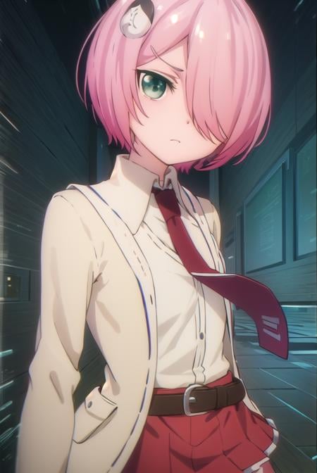 nonomozunono, <lora:nono mozunono s1-lora-nochekaiser:1>,nono mozunono, short hair, hair ornament, (green eyes:1.3), pink hair, (hair over one eye:1.5),BREAK skirt, shirt, school uniform, necktie, belt, red skirt,BREAK indoors, classroom,BREAK looking at viewer, (cowboy shot:1.5),BREAK <lyco:GoodHands-beta2:1>, (masterpiece:1.2), best quality, high resolution, unity 8k wallpaper, (illustration:0.8), (beautiful detailed eyes:1.6), extremely detailed face, perfect lighting, extremely detailed CG, (perfect hands, perfect anatomy),