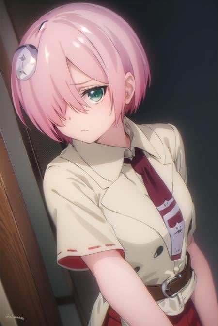 nonomozunono, <lora:nono mozunono s1-lora-nochekaiser:1>,nono mozunono, short hair, hair ornament, (green eyes:1.3), pink hair, (hair over one eye:1.5),BREAK skirt, shirt, school uniform, necktie, belt, red skirt,BREAK indoors, classroom,BREAK looking at viewer, (cowboy shot:1.5),BREAK <lyco:GoodHands-beta2:1>, (masterpiece:1.2), best quality, high resolution, unity 8k wallpaper, (illustration:0.8), (beautiful detailed eyes:1.6), extremely detailed face, perfect lighting, extremely detailed CG, (perfect hands, perfect anatomy),