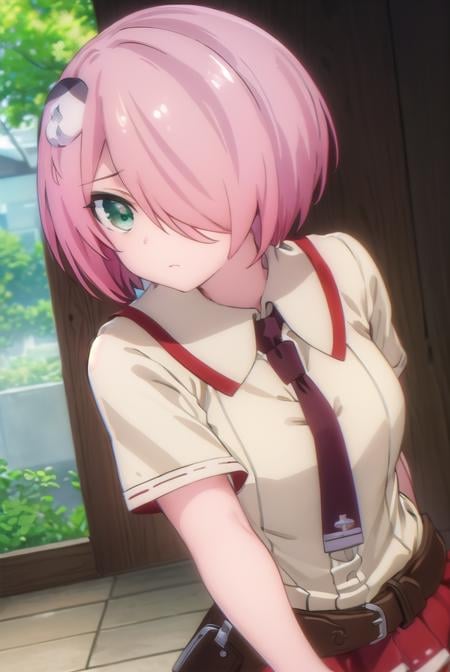 nonomozunono, <lora:nono mozunono s1-lora-nochekaiser:1>,nono mozunono, short hair, hair ornament, (green eyes:1.3), pink hair, (hair over one eye:1.5),BREAK skirt, shirt, school uniform, necktie, belt, red skirt,BREAK indoors, classroom,BREAK looking at viewer, (cowboy shot:1.5),BREAK <lyco:GoodHands-beta2:1>, (masterpiece:1.2), best quality, high resolution, unity 8k wallpaper, (illustration:0.8), (beautiful detailed eyes:1.6), extremely detailed face, perfect lighting, extremely detailed CG, (perfect hands, perfect anatomy),