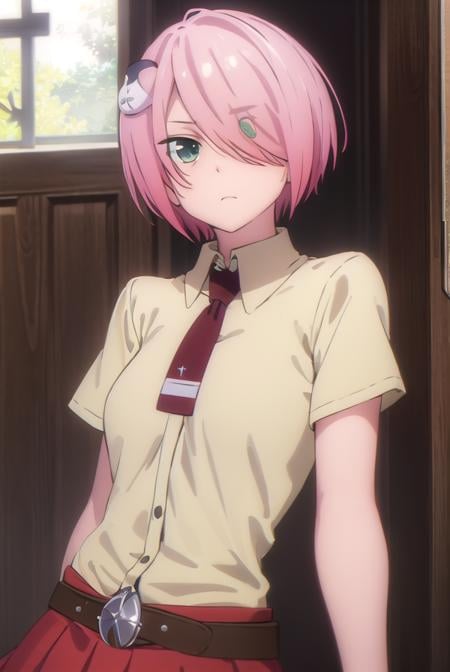 nonomozunono, <lora:nono mozunono s1-lora-nochekaiser:1>,nono mozunono, short hair, hair ornament, (green eyes:1.3), pink hair, (hair over one eye:1.5),BREAK skirt, shirt, school uniform, necktie, belt, red skirt,BREAK indoors, classroom,BREAK looking at viewer, (cowboy shot:1.5),BREAK <lyco:GoodHands-beta2:1>, (masterpiece:1.2), best quality, high resolution, unity 8k wallpaper, (illustration:0.8), (beautiful detailed eyes:1.6), extremely detailed face, perfect lighting, extremely detailed CG, (perfect hands, perfect anatomy),