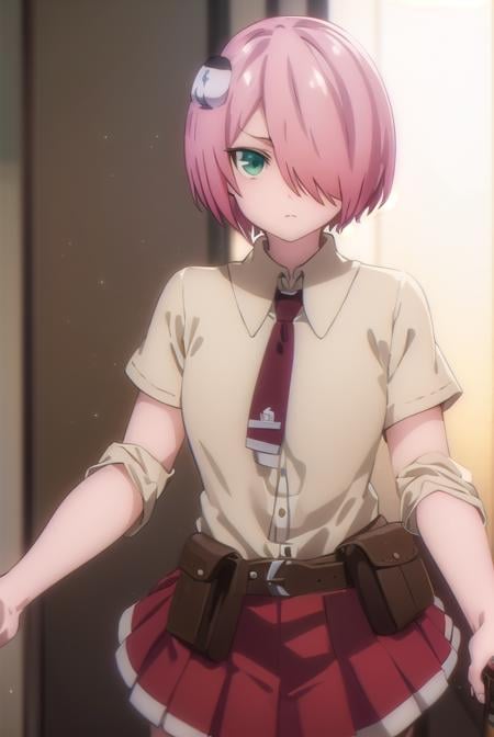 nonomozunono, <lora:nono mozunono s1-lora-nochekaiser:1>,nono mozunono, short hair, hair ornament, (green eyes:1.3), pink hair, (hair over one eye:1.5),BREAK skirt, shirt, school uniform, necktie, belt, red skirt,BREAK indoors, classroom,BREAK looking at viewer, (cowboy shot:1.5),BREAK <lyco:GoodHands-beta2:1>, (masterpiece:1.2), best quality, high resolution, unity 8k wallpaper, (illustration:0.8), (beautiful detailed eyes:1.6), extremely detailed face, perfect lighting, extremely detailed CG, (perfect hands, perfect anatomy),