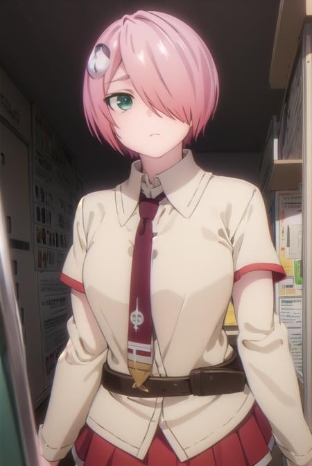 nonomozunono, <lora:nono mozunono s1-lora-nochekaiser:1>,nono mozunono, short hair, hair ornament, (green eyes:1.3), pink hair, (hair over one eye:1.5),BREAK skirt, shirt, school uniform, necktie, belt, red skirt,BREAK indoors, classroom,BREAK looking at viewer, (cowboy shot:1.5),BREAK <lyco:GoodHands-beta2:1>, (masterpiece:1.2), best quality, high resolution, unity 8k wallpaper, (illustration:0.8), (beautiful detailed eyes:1.6), extremely detailed face, perfect lighting, extremely detailed CG, (perfect hands, perfect anatomy),