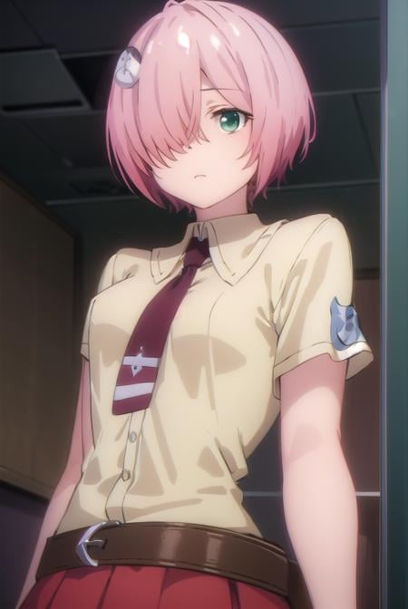 nonomozunono, <lora:nono mozunono s1-lora-nochekaiser:1>,nono mozunono, short hair, hair ornament, (green eyes:1.3), pink hair, (hair over one eye:1.5),BREAK skirt, shirt, school uniform, necktie, belt, red skirt,BREAK indoors, classroom,BREAK looking at viewer, (cowboy shot:1.5),BREAK <lyco:GoodHands-beta2:1>, (masterpiece:1.2), best quality, high resolution, unity 8k wallpaper, (illustration:0.8), (beautiful detailed eyes:1.6), extremely detailed face, perfect lighting, extremely detailed CG, (perfect hands, perfect anatomy),