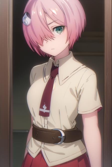 nonomozunono, <lora:nono mozunono s1-lora-nochekaiser:1>,nono mozunono, short hair, hair ornament, (green eyes:1.3), pink hair, (hair over one eye:1.5),BREAK skirt, shirt, school uniform, necktie, belt, red skirt,BREAK indoors, classroom,BREAK looking at viewer, (cowboy shot:1.5),BREAK <lyco:GoodHands-beta2:1>, (masterpiece:1.2), best quality, high resolution, unity 8k wallpaper, (illustration:0.8), (beautiful detailed eyes:1.6), extremely detailed face, perfect lighting, extremely detailed CG, (perfect hands, perfect anatomy),