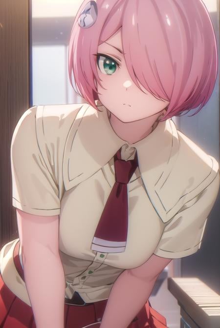 nonomozunono, <lora:nono mozunono s1-lora-nochekaiser:1>,nono mozunono, short hair, hair ornament, (green eyes:1.3), pink hair, (hair over one eye:1.5),BREAK skirt, shirt, school uniform, necktie, belt, red skirt,BREAK indoors, classroom,BREAK looking at viewer, (cowboy shot:1.5),BREAK <lyco:GoodHands-beta2:1>, (masterpiece:1.2), best quality, high resolution, unity 8k wallpaper, (illustration:0.8), (beautiful detailed eyes:1.6), extremely detailed face, perfect lighting, extremely detailed CG, (perfect hands, perfect anatomy),