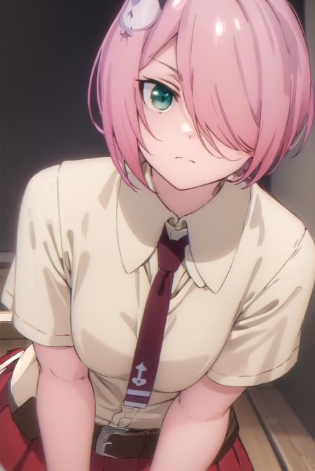 nonomozunono, <lora:nono mozunono s1-lora-nochekaiser:1>,nono mozunono, short hair, hair ornament, (green eyes:1.3), pink hair, (hair over one eye:1.5),BREAK skirt, shirt, school uniform, necktie, belt, red skirt,BREAK indoors, classroom,BREAK looking at viewer, (cowboy shot:1.5),BREAK <lyco:GoodHands-beta2:1>, (masterpiece:1.2), best quality, high resolution, unity 8k wallpaper, (illustration:0.8), (beautiful detailed eyes:1.6), extremely detailed face, perfect lighting, extremely detailed CG, (perfect hands, perfect anatomy),