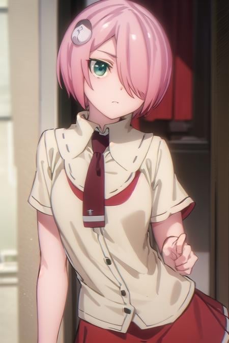 nonomozunono, <lora:nono mozunono s1-lora-nochekaiser:1>,nono mozunono, short hair, hair ornament, (green eyes:1.3), pink hair, (hair over one eye:1.5),BREAK skirt, shirt, school uniform, necktie, belt, red skirt,BREAK indoors, classroom,BREAK looking at viewer, (cowboy shot:1.5),BREAK <lyco:GoodHands-beta2:1>, (masterpiece:1.2), best quality, high resolution, unity 8k wallpaper, (illustration:0.8), (beautiful detailed eyes:1.6), extremely detailed face, perfect lighting, extremely detailed CG, (perfect hands, perfect anatomy),