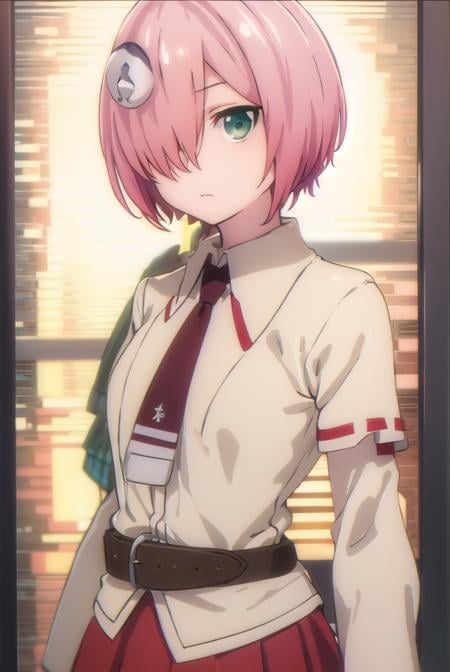 nonomozunono, <lora:nono mozunono s1-lora-nochekaiser:1>,nono mozunono, short hair, hair ornament, (green eyes:1.3), pink hair, (hair over one eye:1.5),BREAK skirt, shirt, school uniform, necktie, belt, red skirt,BREAK indoors, classroom,BREAK looking at viewer, (cowboy shot:1.5),BREAK <lyco:GoodHands-beta2:1>, (masterpiece:1.2), best quality, high resolution, unity 8k wallpaper, (illustration:0.8), (beautiful detailed eyes:1.6), extremely detailed face, perfect lighting, extremely detailed CG, (perfect hands, perfect anatomy),