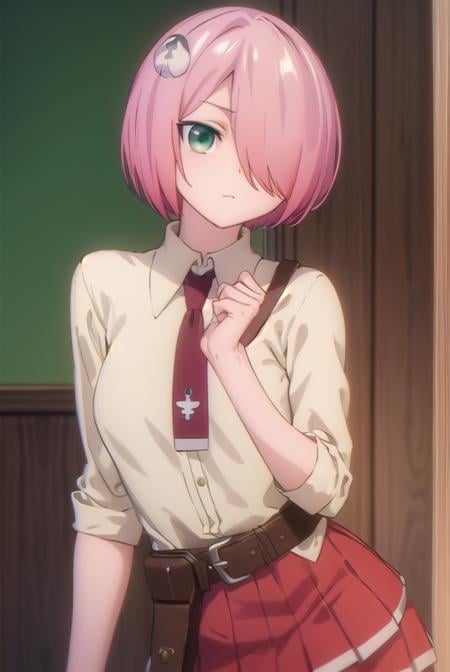 nonomozunono, <lora:nono mozunono s1-lora-nochekaiser:1>,nono mozunono, short hair, hair ornament, (green eyes:1.3), pink hair, (hair over one eye:1.5),BREAK skirt, shirt, school uniform, necktie, belt, red skirt,BREAK indoors, classroom,BREAK looking at viewer, (cowboy shot:1.5),BREAK <lyco:GoodHands-beta2:1>, (masterpiece:1.2), best quality, high resolution, unity 8k wallpaper, (illustration:0.8), (beautiful detailed eyes:1.6), extremely detailed face, perfect lighting, extremely detailed CG, (perfect hands, perfect anatomy),