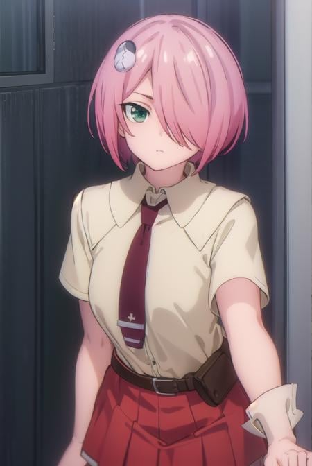 nonomozunono, <lora:nono mozunono s1-lora-nochekaiser:1>,nono mozunono, short hair, hair ornament, (green eyes:1.3), pink hair, (hair over one eye:1.5),BREAK skirt, shirt, school uniform, necktie, belt, red skirt,BREAK indoors, classroom,BREAK looking at viewer, (cowboy shot:1.5),BREAK <lyco:GoodHands-beta2:1>, (masterpiece:1.2), best quality, high resolution, unity 8k wallpaper, (illustration:0.8), (beautiful detailed eyes:1.6), extremely detailed face, perfect lighting, extremely detailed CG, (perfect hands, perfect anatomy),