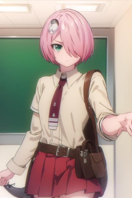 nonomozunono, <lora:nono mozunono s1-lora-nochekaiser:1>,nono mozunono, short hair, hair ornament, (green eyes:1.3), pink hair, (hair over one eye:1.5),BREAK skirt, shirt, school uniform, necktie, belt, red skirt,BREAK indoors, classroom,BREAK looking at viewer, (cowboy shot:1.5),BREAK <lyco:GoodHands-beta2:1>, (masterpiece:1.2), best quality, high resolution, unity 8k wallpaper, (illustration:0.8), (beautiful detailed eyes:1.6), extremely detailed face, perfect lighting, extremely detailed CG, (perfect hands, perfect anatomy),