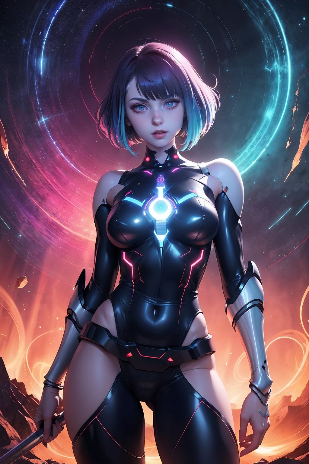 <lora:Lucyna-v2:0.8>,<lora:GoodHands-beta2:1>,Create a visually stunning representation of Seraphina Nova,a character seamlessly blending elements of sci-fi and fantasy,Imagine her standing in a cosmic landscape,surrounded by swirling nebulae and futuristic structures,Illuminate her bioluminescent tattoos with an otherworldly glow,emphasizing the fusion of magic and technology,Show Nova wielding her cosmic blade,with energy emanating from its edge,Capture the essence of her character â a harmonious convergence of advanced technology and mystical prowess. Use the stable diffusion process to enhance the details,colors,and overall enchanting atmosphere of this sci-fi + fantasy hybrid universe,, best quality , masterpiece, illustration, an extremely delicate and beautiful, extremely detailed ,CG,unity,8k wallpaper, Amazing, finely detail, masterpiece, best quality,official art,extremely detailed CG unity 8k wallpaper,absurdres, incredibly absurdres, huge filesize , ultra-detailed, highres, extremely detailed,beautiful detailed girl, extremely detailed eyes and face, beautiful detailed eyes,light on face,