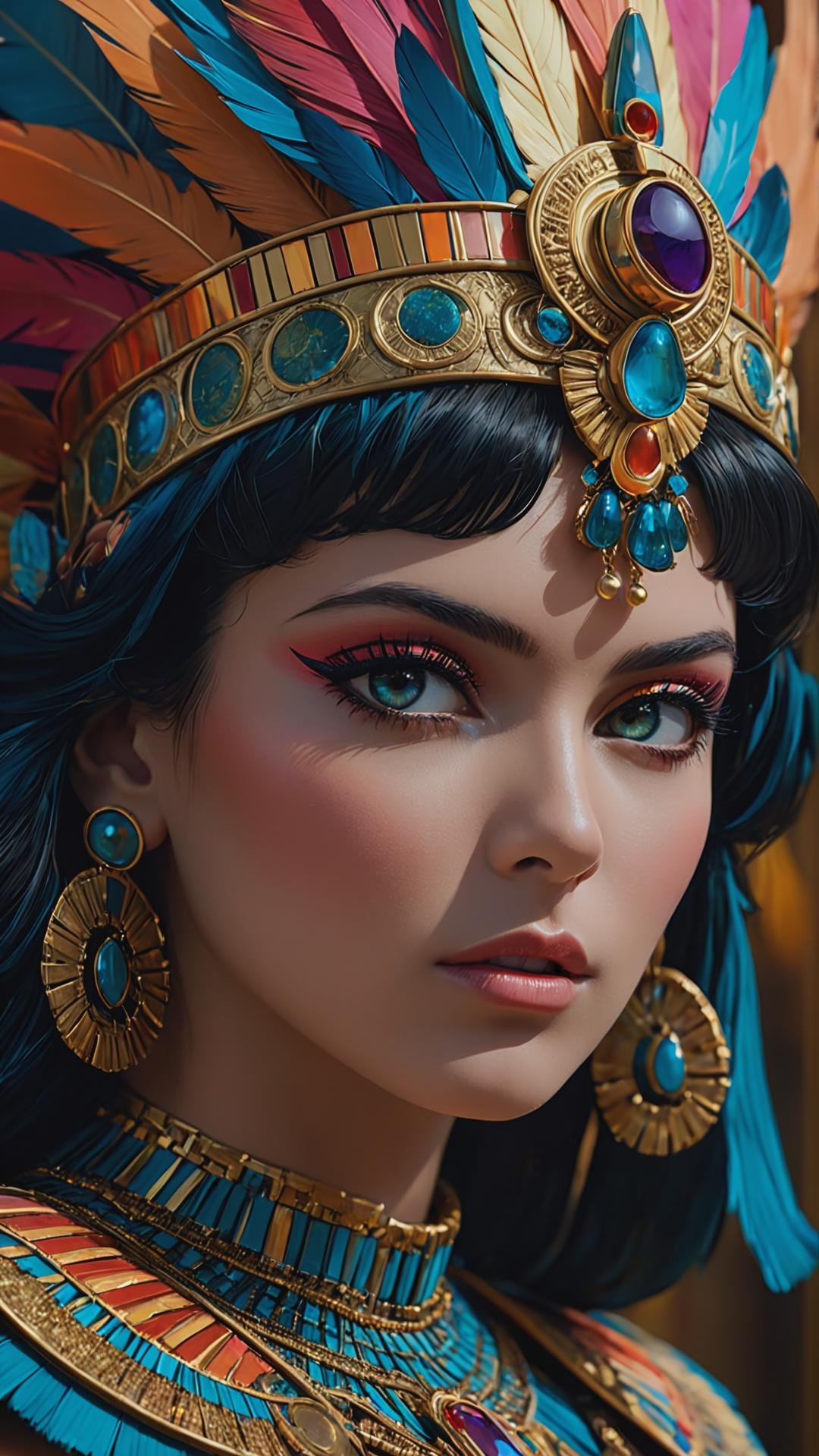 RAW photo of an Cleopatra face, Nemes headdress, concept art, action, dynamic, (fractal:1.2), aesthetic, colorful, finely tuned detail, ultra sharp focus, intricate, movie poster, epic, trending on artstation, vibrant, production cinematic masterpiece, ultra high quality model, by Unsplash, sharp focus, shallow depth of field detailed background, ultra (realistic:1.4), HDRi, 35-105 mm lens f/4 ISO 100, 16k <lora:add-detail-xl:1> <lora:FF-WoMM-XL-FA-v0208-TE:0.6>, The lighting should be warm and inviting, casting a gentle glow and highlighting the rich colors of its flesh. The background should feature a blurred, out-of-focus to emphasize as the main focus of the image. Use a high-resolution camera with a fast shutter speed to capture every detail and its surroundings.
