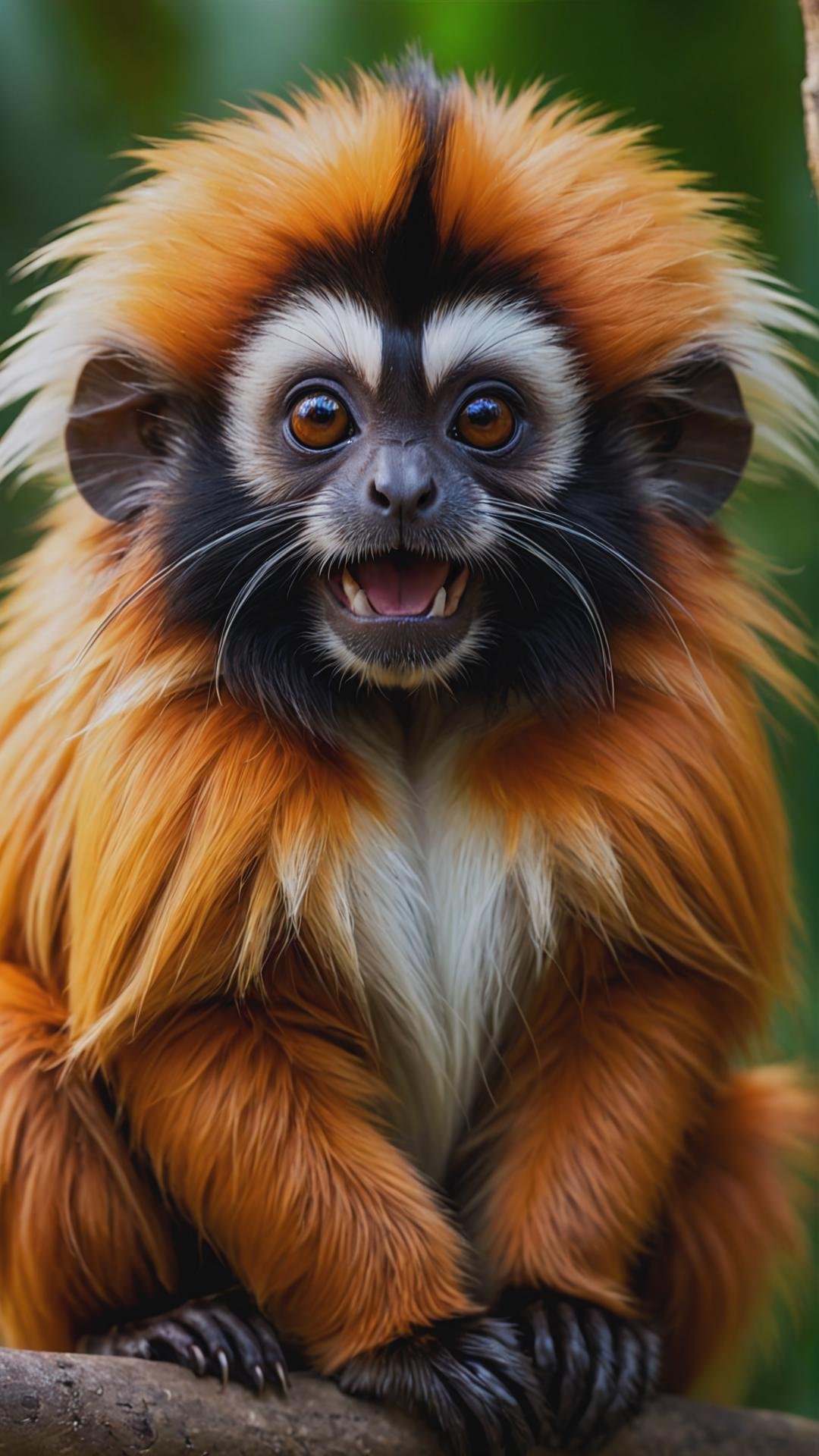 RAW, Macro, Concept art, huge, cute Tamarin monkey, long orange fur, funny, jungle paradise, depth of field,  (add more details:1.4), <lora:add-detail-xl:1>, The lighting should be warm and inviting, casting a gentle glow and highlighting the rich colors of its flesh. The background should feature a blurred, out-of-focus to emphasize as the main focus of the image. Use a high-resolution camera with a fast shutter speed to capture every detail and its surroundings.