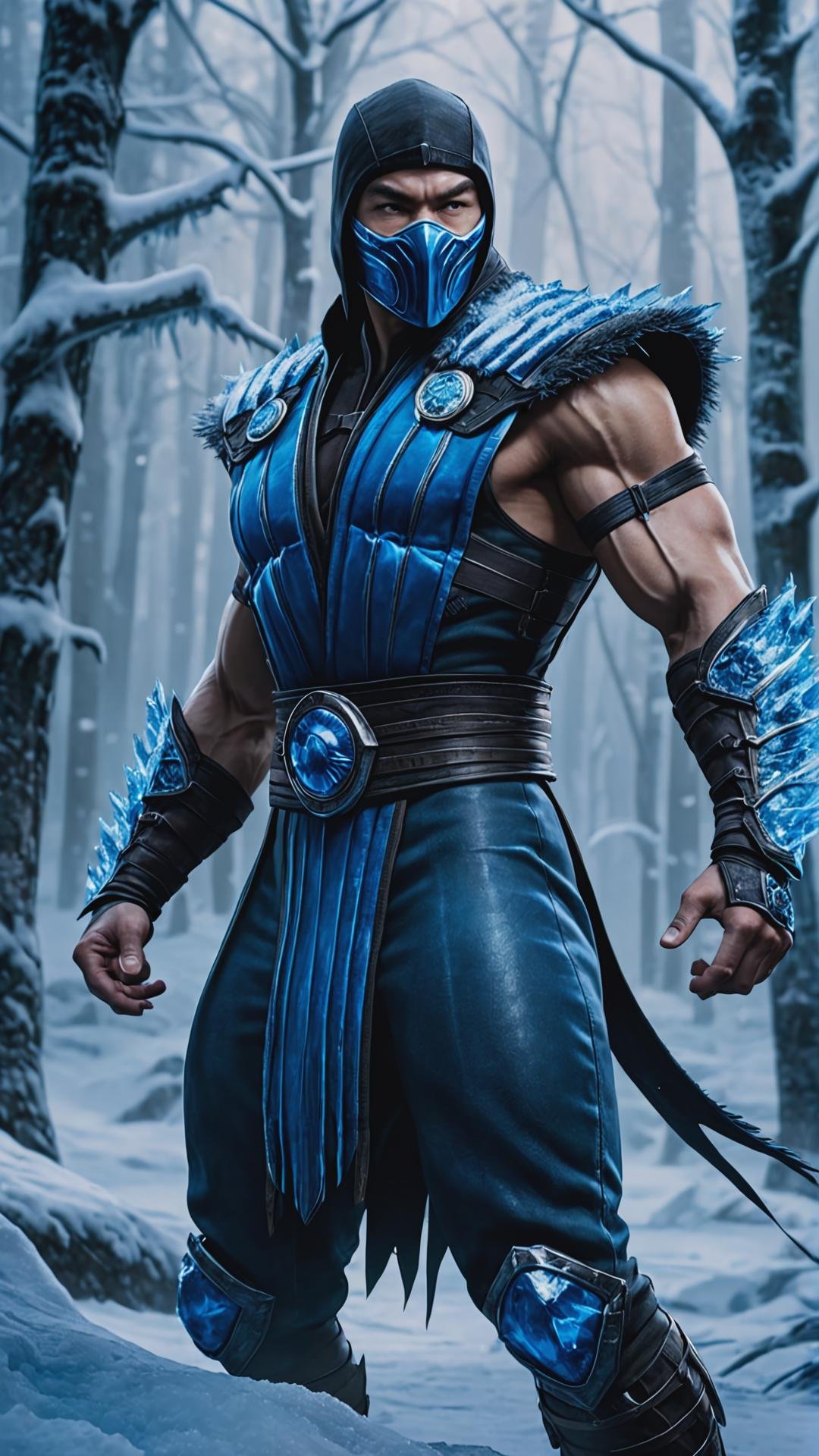 RAW photo of a named Sub-Zero, Mortal Kombat character, combat posing, winter forest, ice effects, full body shot, depth of field detailed Mortal Kombat logo background, realistic, cinematic lighting, soft shadows, sharp focus, fractal, colorful, depth of field, best quality, 16k resolution,  <lora:add-detail-xl:1>
